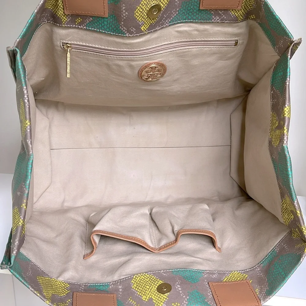 Tory Burch Ella Snake Skin Print Teal/Lime Large Tote